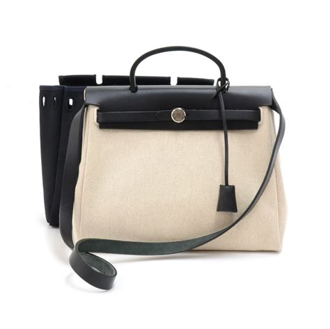 hermes canvas black and white toile bag|Hermes herbag cabin bag.